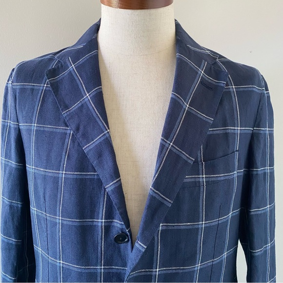 UNITED ARROWS SOVEREIGN men’s navy windowpane linen jacket, JP size 44 (US 34S) - Picture 4 of 13
